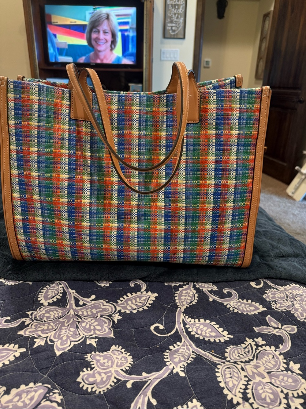 Tory Burch Women's Ella Poly Woven Nylon Tote (Navy / Multi) - Picture 5 of 8